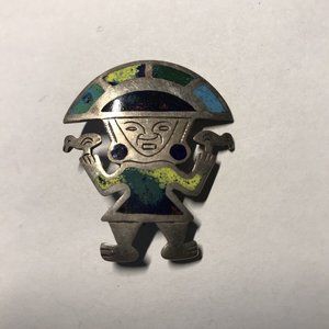 Sterling Silver Peru 925 Signed Brooch Tribal Inca W/  Colorful Enamel Inlays!